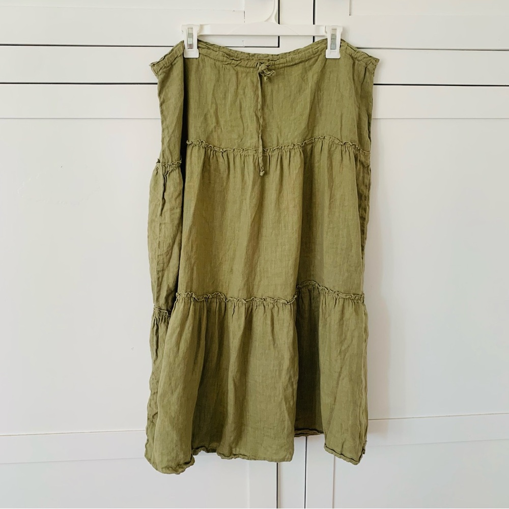 Cut Loose Green Linen Tiered Midi Skirt Size Medium
